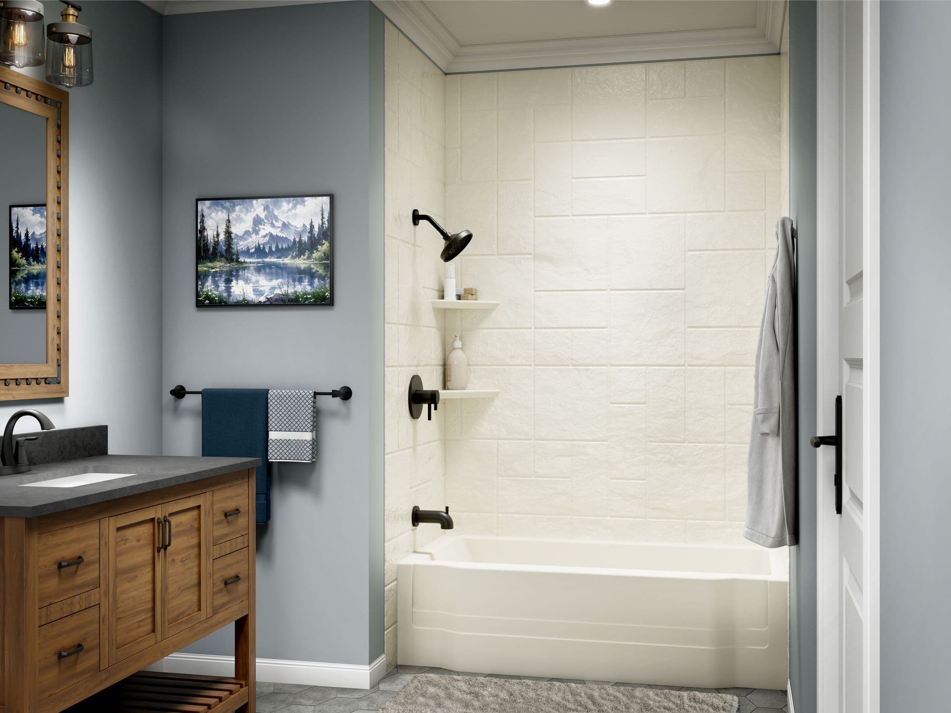 A photo of a bathroom with a vanity, sink, and a Quarry Topaz combined shower tub.