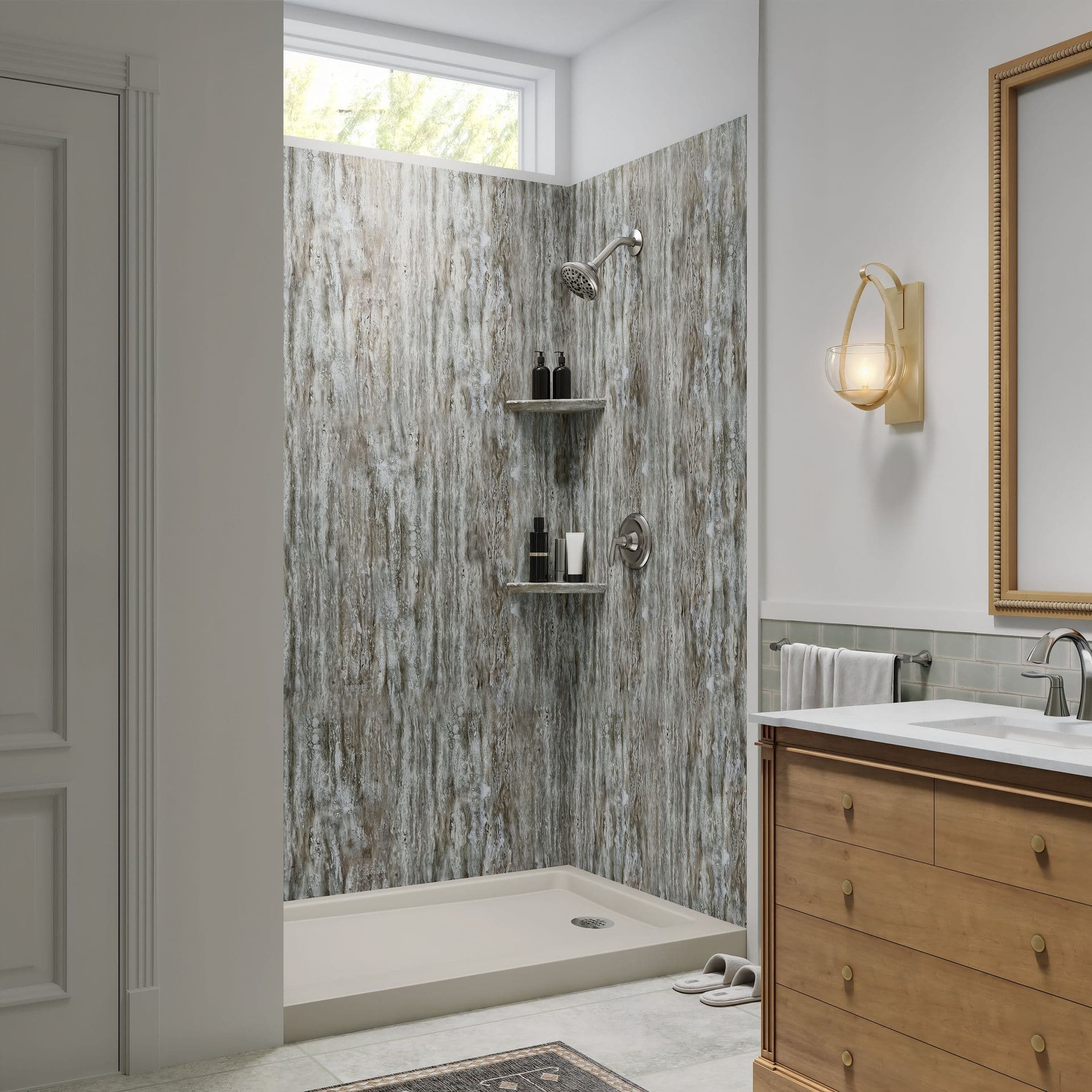 An angled photo of a shower with gray colored Marble Cove walls. A brown vanity is off to the right.