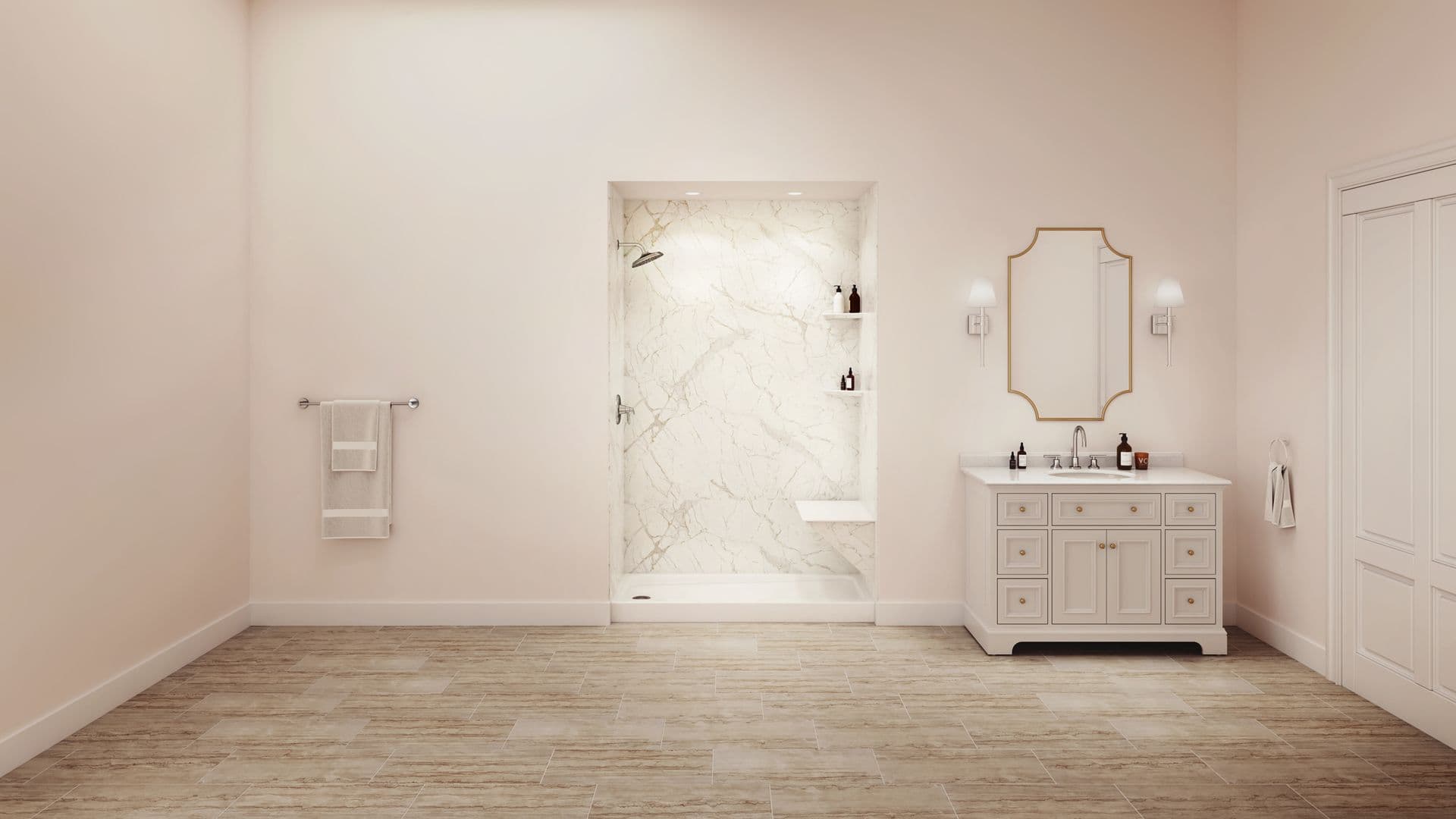 A wide shot of a cream colored bathroom with a Smooth Cafe Marble Walls shower with an Alabaster White Shower Pan and Chrome Fixtures.